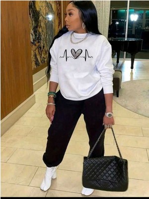 Bisiklet Yaka Baskılı Alt Üst Kadın Takım Oversize Kadın Eşofman Takımı Boyfirend