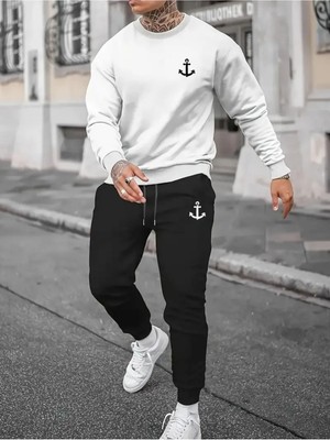 Erkek Bisiklet Yaka Çapa Baskılı Alt Üst Siyah Eşofman Takımı Oversize Ünisex Boyfirend