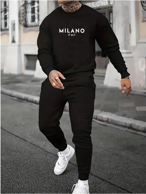 Erkek Bisiklet Yaka Milano Baskılı Alt Üst Siyah Eşofman Takımı Oversize Ünisex Boyfirend