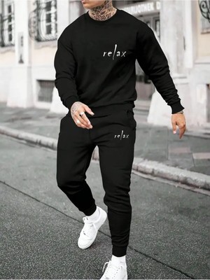 Erkek Bisiklet Yaka Relax Baskılı Alt Üst Eşofman Takımı Oversize Ünisex Boyfirend