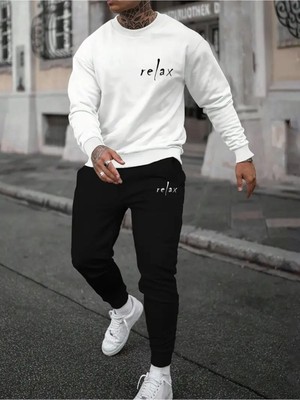 Erkek Bisiklet Yaka Relax Baskılı Alt Üst Eşofman Takımı Oversize Ünisex Boyfirend