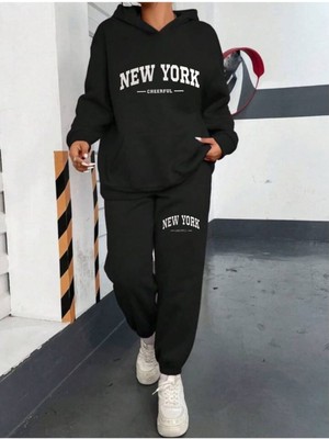 Kadın Bisiklet Yaka/ Kapşonlu New York Baskılı Alt Üst Eşofman Takımı Oversize Ünisex Boyfirend