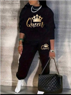 Bisiklet Yaka Baskılı Alt Üst Kadın Takım Oversize Kadın Eşofman Takımı Boyfirend