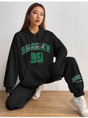 Brooklyn 89 Baskılı Siyah Kapüşonlu Alt Üst Takım Siyah Oversize Kadın Eşofman Takımı