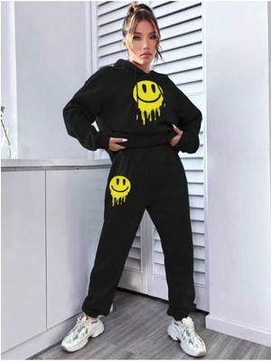Smile Baskılı Siyah Kapüşonlu Alt Üst Siyah Oversize Kadın Eşofman Takımı
