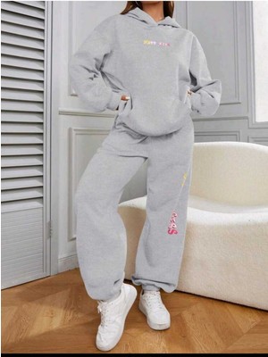 Siyah/ Gri Happiness Baskılı Alt Üst Kapüşonlu Takım Oversize Kadın Eşofman Takımı