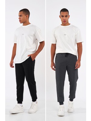 Mmetalic Siyah-Gri Erkek Paçası Lastikli 2'li Eşofman Altı