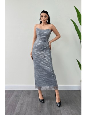 Giyimmasalı Full Boncuklu Kumaş Straplez Abiye Elbise - Gri