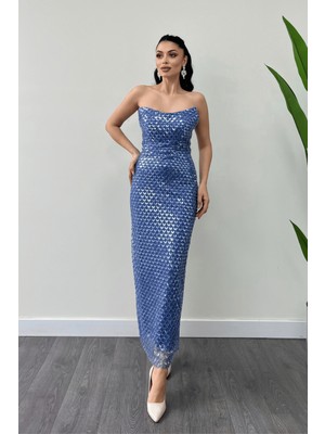Full Boncuklu Kumaş Straplez Abiye Elbise - Indigo Mavi