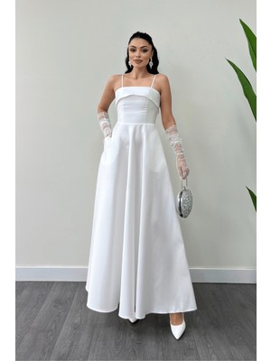 Giyimmasalı Tafta Saten Kumaş Askılı Abiye Elbise - Beyaz