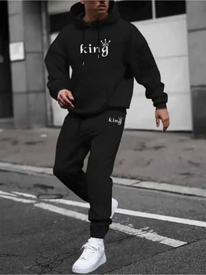 Erkek Baskılı Alt Üst Siyah Kapşonlu Eşofman Takımı Oversize Boyfirend