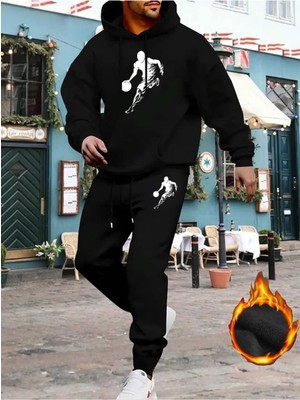 Erkek Baskılı Alt Üst Siyah Kapşonlu Eşofman Takımı Oversize Boyfirend
