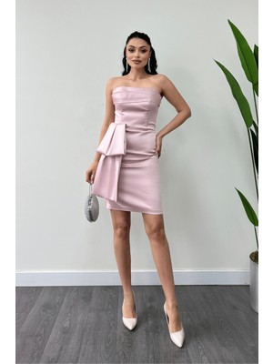 Giyimmasalı Saten Kumaş Straplez Mini Elbise - Pudra