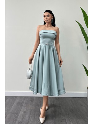 Giyimmasalı Saten Kumaş Sırt Ip Detaylı Midi Elbise - Mint Yeşili