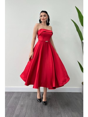 Giyimmasalı Saten Kumaş Sırt Ip Detaylı Midi Elbise - Kırmızı