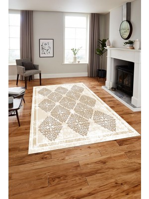 Napoli Home Baskılı Modern Vektörel Modelli Yıkanabilir Kaymaz Yolluk Mutfak Salon Halısı, Modern-131-Bej,