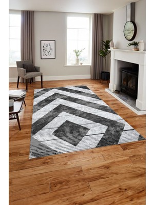 Napoli Home Baskılı Modern Üçgen Çizgi Motifli Yıkanabilir Kaymaz Yolluk Mutfak Salon Halısı, Modern-123-Gri,