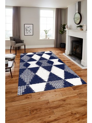 Napoli Home Baskılı Modern Üçgen Desenli Yıkanabilir Kaymaz Yolluk Mutfak Salon Halısı, Modern-125-Lacivert,