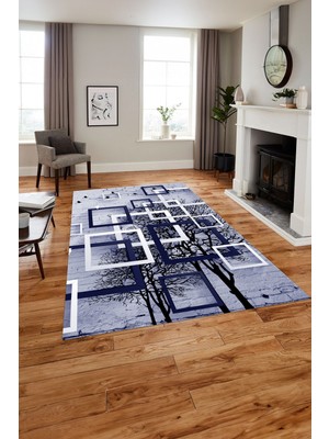 Napoli Home Dijital Baskılı Modern Ağaçlı Yıkanabilir Kaymaz Yolluk Mutfak Salon Halısı, Modern-189-Lacivert,