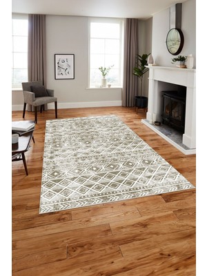 Napoli Home Baskılı Modern Etnik Görünümlü Yıkanabilir Kaymaz Yolluk Mutfak Salon Halısı, Modern-194-Bej,