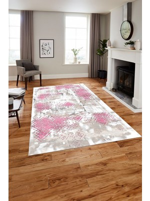 Napoli Home Baskılı Modern Sade Görünümlü Yıkanabilir Kaymaz Yolluk Mutfak Salon Halısı, Modern-127-Pembe,
