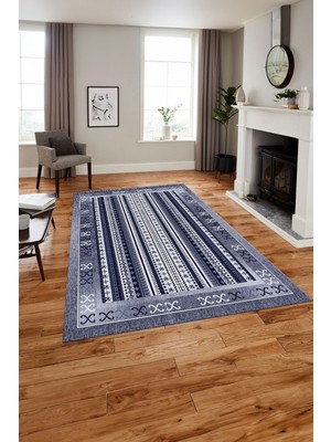 Napoli Home Baskılı Modern Afgan Desen Yıkanabilir Kaymaz Yolluk Mutfak Salon Halısı, Modern-217-Lacivert,