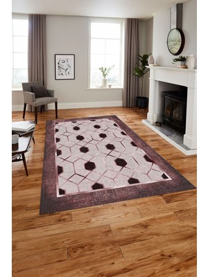 Napoli Home Baskılı Modern Çerçeve Desenli Yıkanabilir Kaymaz Yolluk Mutfak Salon Halısı, Modern-138-Bordo,