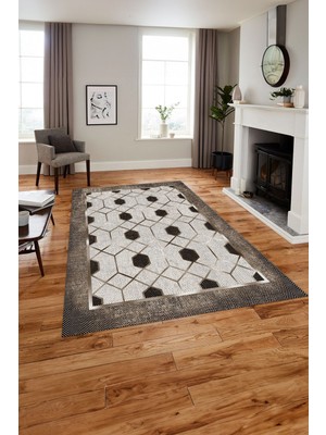 Napoli Home Baskılı Modern Çerçeve Desenli Yıkanabilir Kaymaz Yolluk Mutfak Salon Halısı, Modern-138-Kahve,