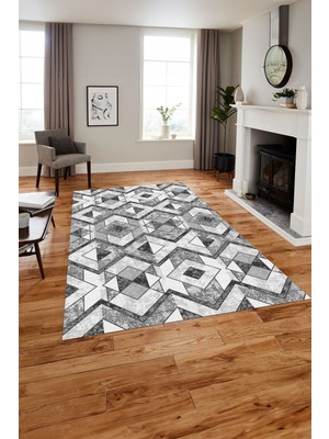 Napoli Home Baskılı Modern Geometrik Desenli Yıkanabilir Kaymaz Yolluk Mutfak Salon Halısı, Modern-139-Gri,