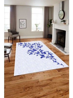 Napoli Home Baskılı Modern Kelebek Model Yıkanabilir Kaymaz Yolluk Mutfak Salon Halısı, Modern-147-Mavi,