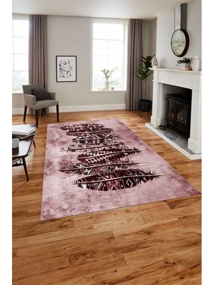 Napoli Home Baskılı Modern Kuş Tüyü Motifli Yıkanabilir Kaymaz Yolluk Mutfak Salon Halısı, Modern-157-Bordo,