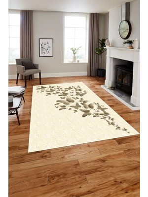 Napoli Home Baskılı Modern Kelebek Model Yıkanabilir Kaymaz Yolluk Mutfak Salon Halısı, Modern-147-Bej,