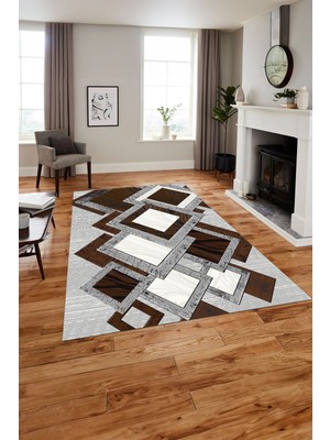 Napoli Home Baskılı Modern Kare Desenli Yıkanabilir Kaymaz Yolluk Mutfak Salon Halısı, Modern-122-Kahve,