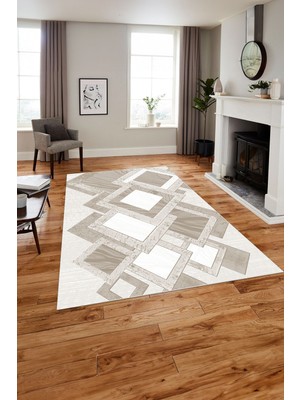 Napoli Home Baskılı Modern Kare Desenli Yıkanabilir Kaymaz Yolluk Mutfak Salon Halısı, Modern-122-Bej,