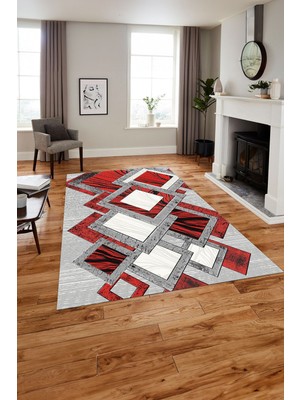 Napoli Home Baskılı Modern Kare Desenli Yıkanabilir Kaymaz Yolluk Mutfak Salon Halısı, Modern-122-Kırmızı,