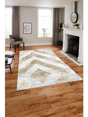 Napoli Home Baskılı Modern Üçgen Çizgi Motifli Yıkanabilir Kaymaz Yolluk Mutfak Salon Halısı, Modern-123-Bej,