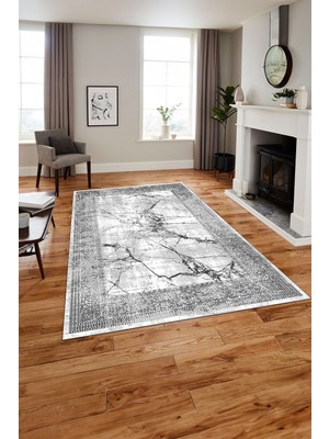 Napoli Home Baskılı Modern Mermer Zeminli Yıkanabilir Kaymaz Yolluk Mutfak Salon Halısı, Modern-187-Gri,