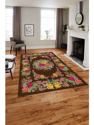 Napoli Home Baskılı Modern Klasik Çiçek Model Yıkanabilir Kaymaz Yolluk Mutfak Salon Halısı, Modern-152-Kahve,