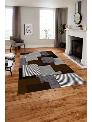 Napoli Home Baskılı Modern Sade Dekoratif Yıkanabilir Kaymaz Yolluk Mutfak Salon Halısı, Modern-141-Kahve,