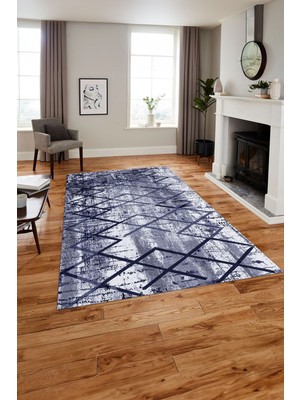 Napoli Home Baskılı Modern Çizgili Desen Yıkanabilir Kaymaz Yolluk Mutfak Salon Halısı, MODERN-171-LACİVERT,