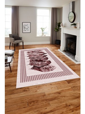 Napoli Home Baskılı Modern Kuş Tüyü Desen Yıkanabilir Kaymaz Yolluk Mutfak Salon Halısı, MODERN-149-BORDO,