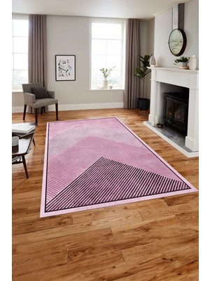 Napoli Home Baskılı Modern Üçgen Çizgili Yıkanabilir Kaymaz Yolluk Mutfak Salon Halısı, MODERN-181-PEMBE,