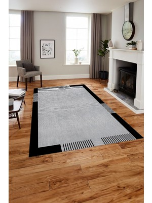 Napoli Home Baskılı Modern Sade Çerçeve Model Yıkanabilir Kaymaz Yolluk Mutfak Salon Halısı, MODERN-183-SİYAH,