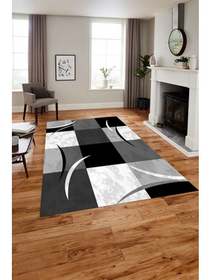 Napoli Home Baskılı Modern Çerçeveli Kare Yıkanabilir Kaymaz Yolluk Mutfak Salon Halısı, MODERN-186-GRİ,