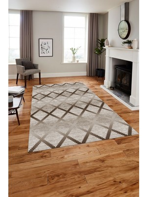 Napoli Home Baskılı Modern Sade Kare Desen Yıkanabilir Kaymaz Yolluk Mutfak Salon Halısı, MODERN-167-KAHVE,