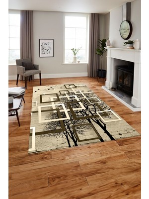 Napoli Home Dijital Baskılı Modern Ağaçlı Yıkanabilir Kaymaz Yolluk Mutfak Salon Halısı, MODERN-189-BEJ,