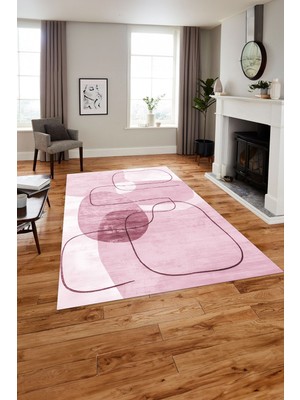 Napoli Home Baskılı Modern Sade Çizgi Model Yıkanabilir Kaymaz Yolluk Mutfak Salon Halısı, MODERN-191-PEMBE,