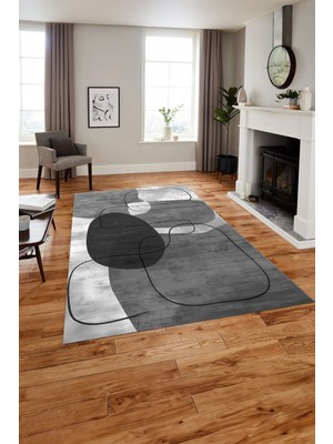 Napoli Home Baskılı Modern Sade Çizgi Model Yıkanabilir Kaymaz Yolluk Mutfak Salon Halısı, MODERN-191-GRİ,