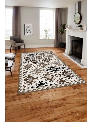 Napoli Home Baskılı Modern Etnik Klasik Desen Yıkanabilir Kaymaz Yolluk Mutfak Salon Halısı, Modern-163-Kahve,