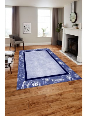 Napoli Home Baskılı Modern Çerçeveli Çiçekli Yıkanabilir Kaymaz Yolluk Mutfak Salon Halısı, MODERN-199-LACİVERT,